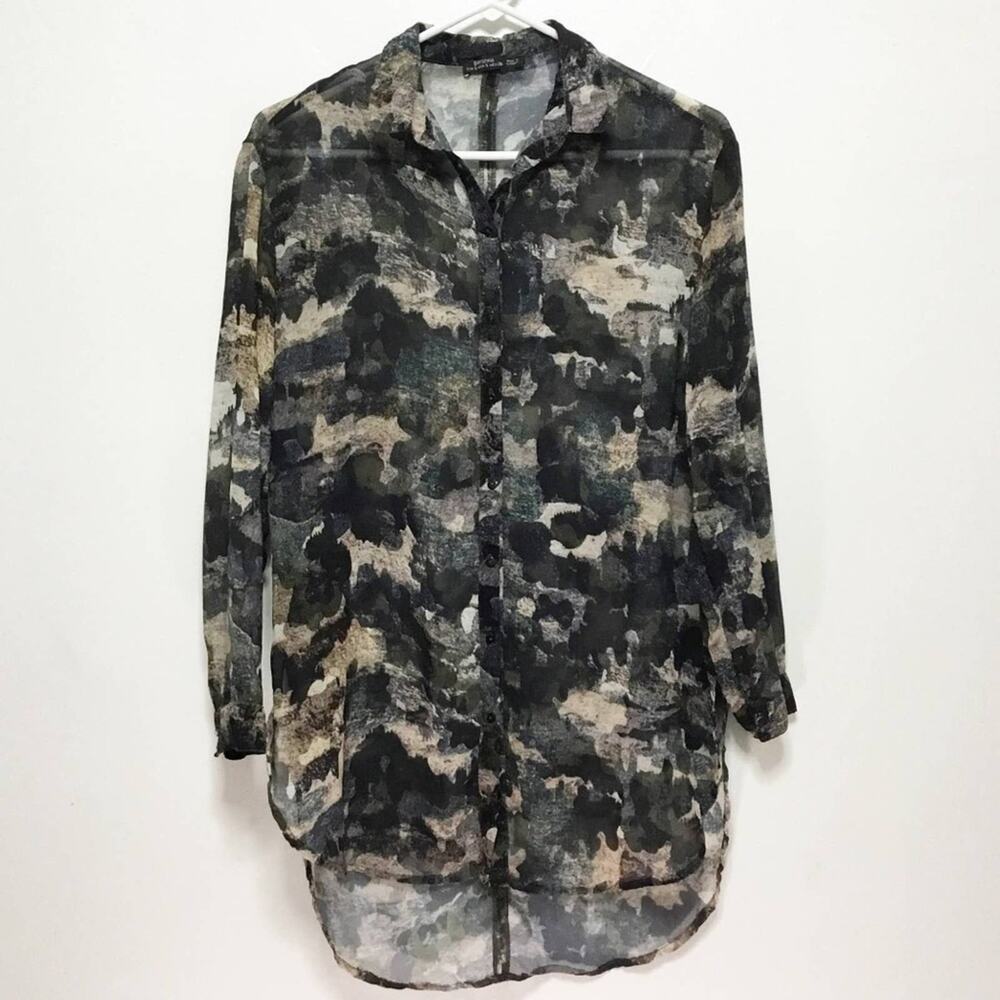 ASOS Bershka Neutral Print Tunic Long Sleeve Blouse